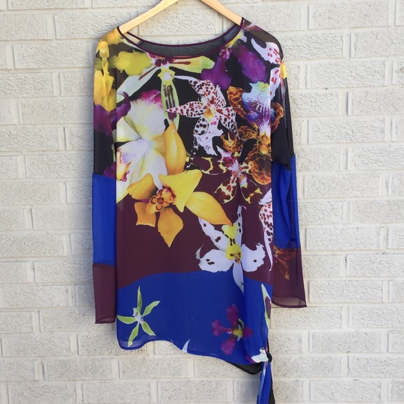 Clover Canyon Tops - Clover Canyon Floral Asymmetric Sheer Blouse
